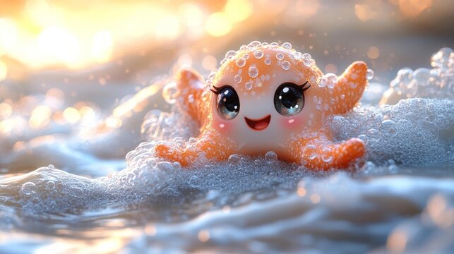 Kawaii Starfish with Oversized Eyes and Blush Marks Surrounded by Soft Waves. Generative AI