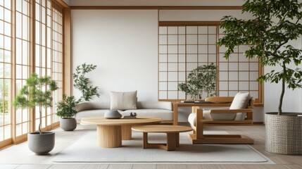 Minimalist, japandi interior design of modern living or dining room.