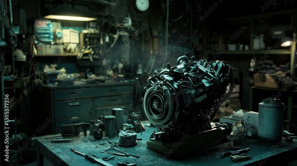Aufkleber A Dark Workshop Featuring A Large Engine On A Table