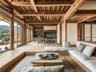 Fototapeta premium Interior view of a modern spacious home with wooden details