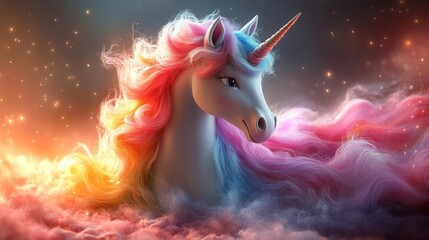 A beautiful unicorn with a rainbow mane and a peaceful magical expression. Generative AI
