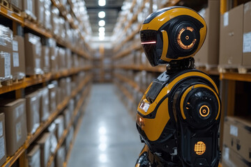 a futuristic robot with a yellow and black body, standing in a large warehouse 