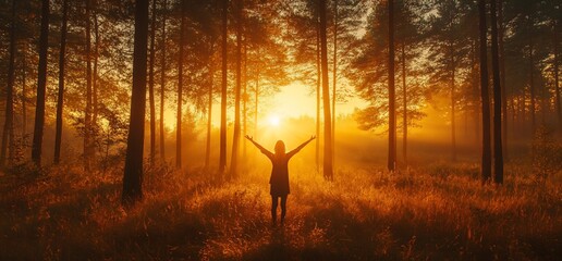 Woman embracing the sunrise in a misty forest, finding peace in nature