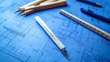 Blueprint house plans, with tools like a pencil, square, and compasses, are spread out on a table.