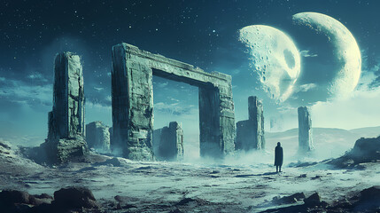 Ruins of truth mainstream media dystopia building. moonstream. illustration. Truth - Stone. Illustration