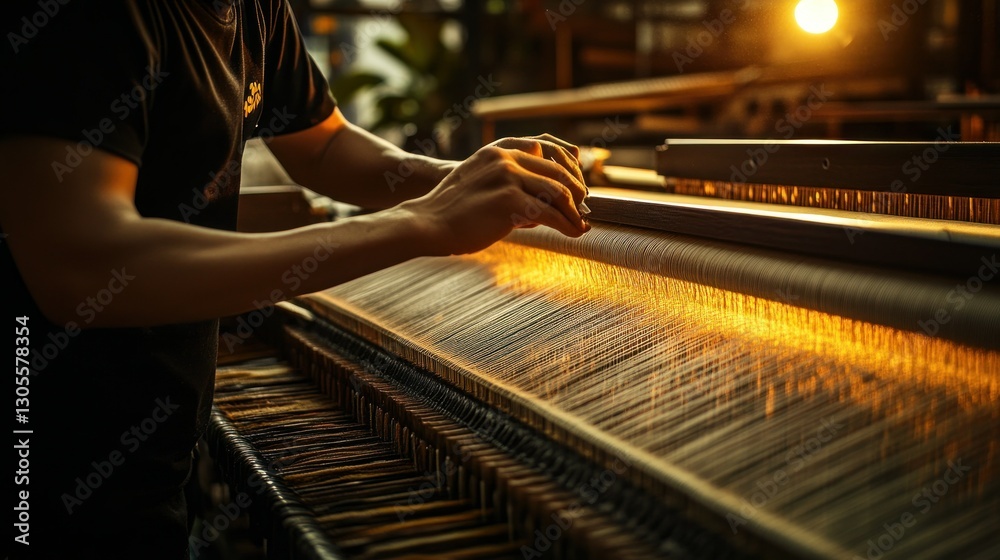 Poster person working on a loom producing woven fabric with threads