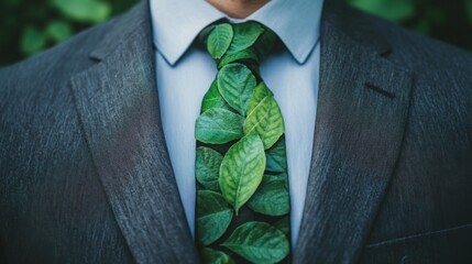 Businessman in a suit wears a tie made of green leaves, symbolizing environmental consciousness. promotes sustainability Ideal for eco-conscious and sustainable business themes