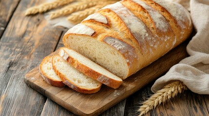 a loaf of freshly sliced sourdough bread on a wooden board with a cloth beside it