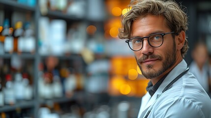 Confident young Alcohol Counselor with blonde hair and glasses smiling behind a place stocked with colorful bottles