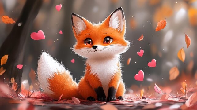 Cute Fox with Fluffy Tail and Hearts Surrounded by Falling Leaves. Generative AI