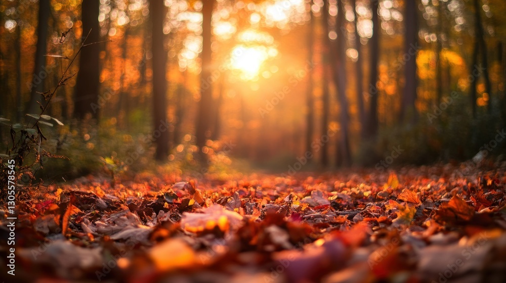 Poster an autumn forest trail illuminated by golden sunlight filtering through trees