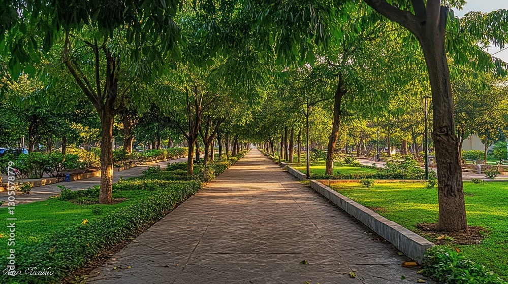 Poster a long concrete walkway through a park lined with many trees