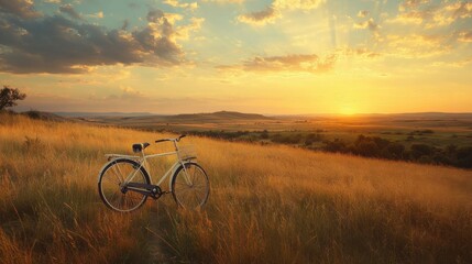 Fototapeta premium Landscape image of vintage bicycle on beautiful sunset