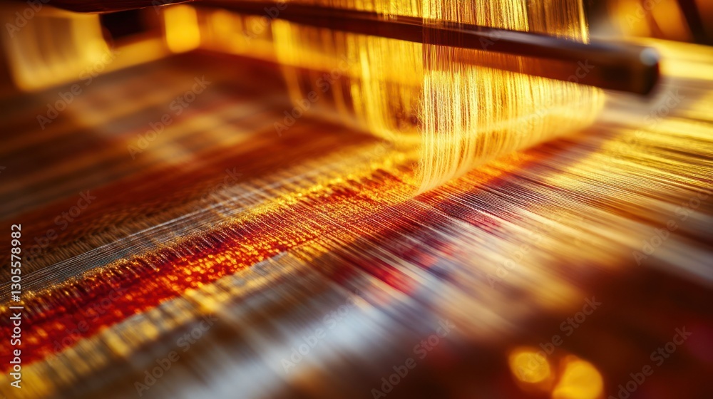 Poster warmly lit loom machine producing fabric with colorful threads