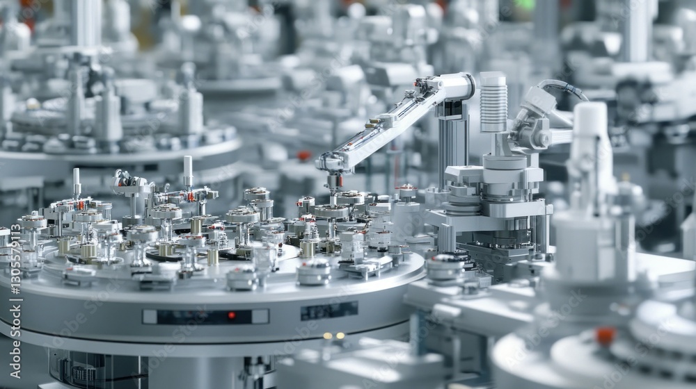 Poster Automated Factory Assembly Line With Multiple Robotic Arms And Machines