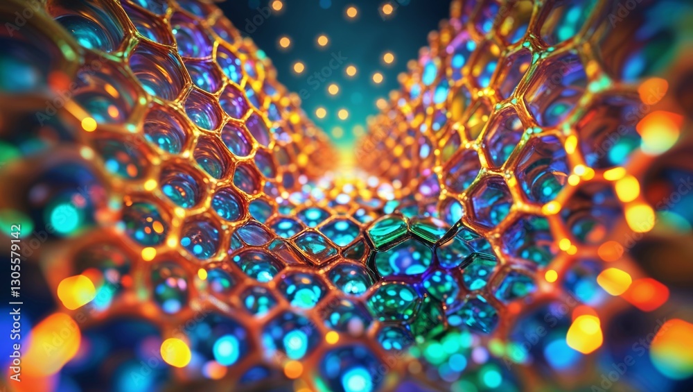 Poster beautiful close-up of colorful hexagonal patterns illuminated by light in a tranquil environment
