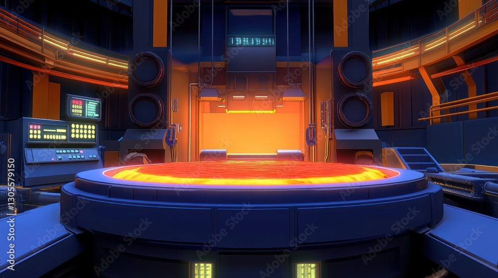 Poster a futuristic control room with a glowing reactor in the middle