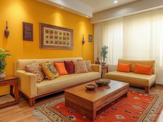 Fototapeta premium Comfortable living room displays a vibrant yellow wall with furniture