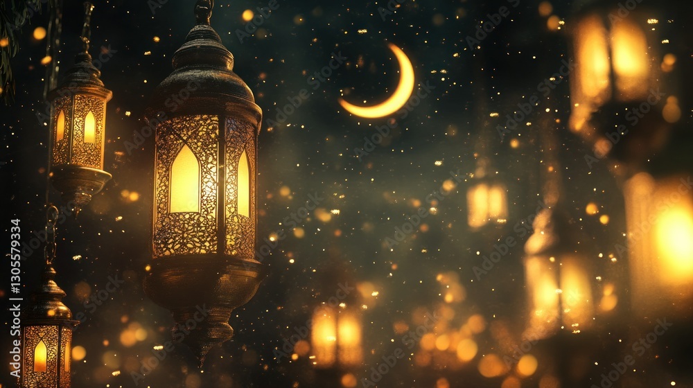 Poster illuminated lanterns hanging beneath the moon during a night time scene