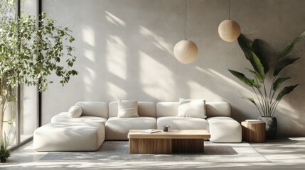 Modern interior japandi style design livingroom. Lighting and sunny scandinavian apartment with plaster and wood. 3d render illustration.