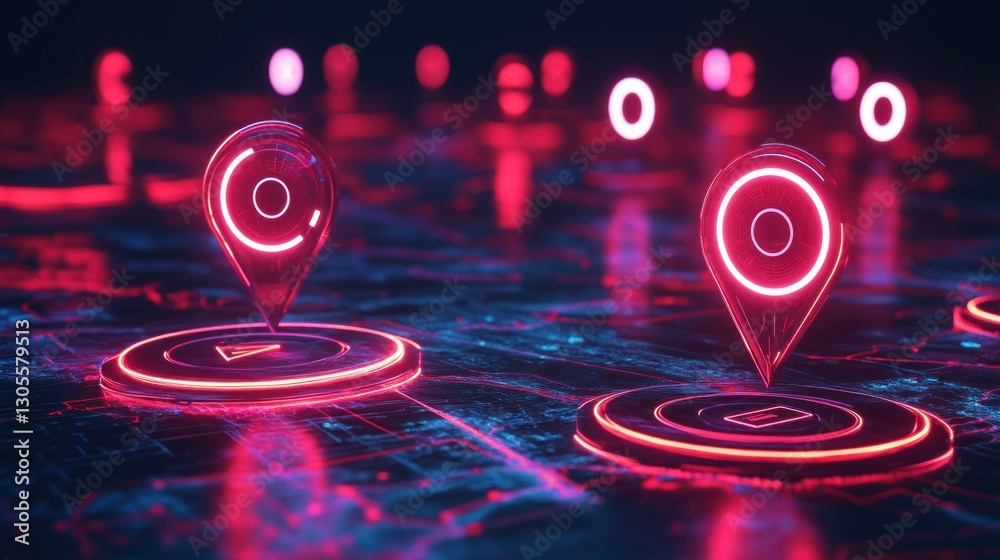 Aufkleber glowing red location markers highlight digital map over dark background