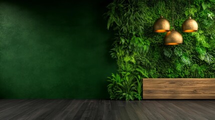Biophilic Interior with Green Vertical Garden and Modern Lighting. Generative AI