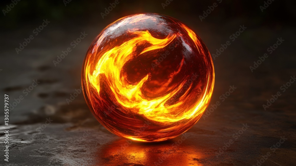 Poster a burning sphere of fiery lava resting on a surface
