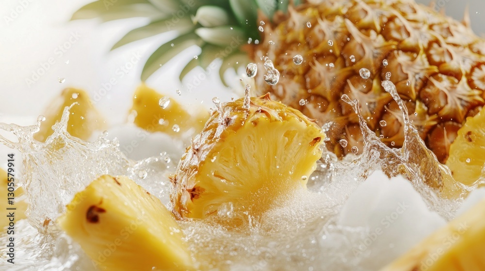 Poster Fresh pineapple slices and water creating a refreshing splash