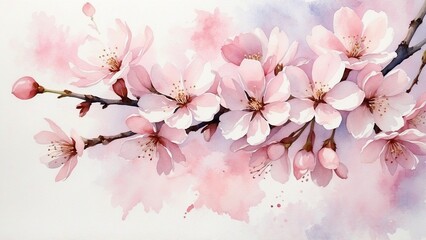 Fototapeta premium Watercolor cherry blossoms in soft pink hues, delicate petals falling gently, serene and refreshing