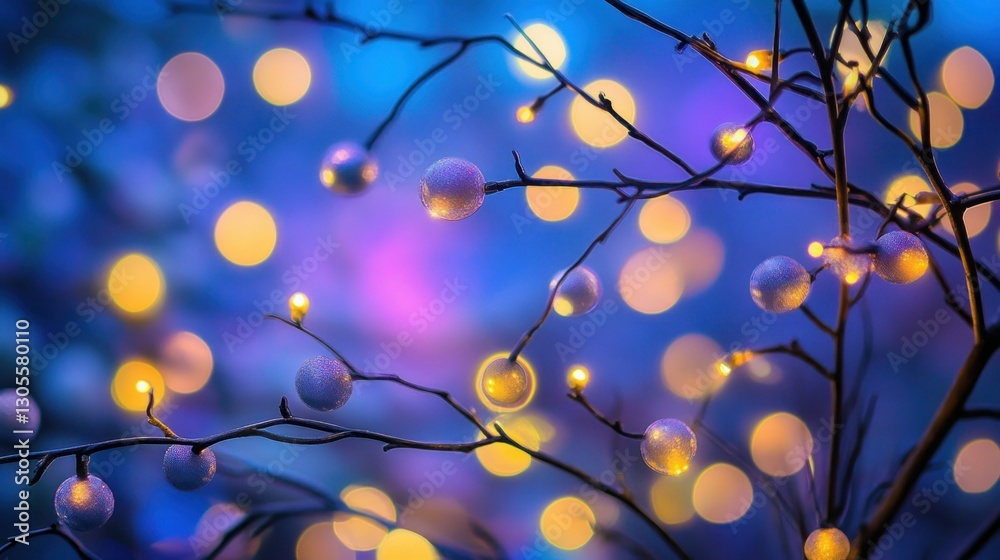 Poster Glowing string lights and spherical ornaments adorn tree branches