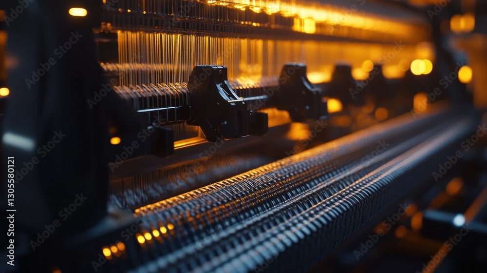Poster A close up image of a mechanical loom with threads