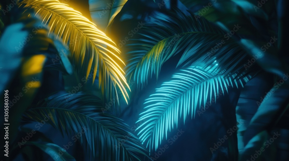 Poster illuminated plants and leaves in a mysterious and dark environment