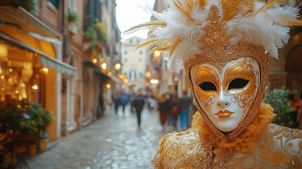 Elegantly masked figure in Venice during a vibrant celebration captures the spirit of a cultural festival
