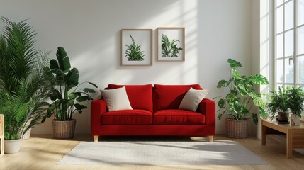 Fototapeta premium photo of red sofa and recliner chair with plants in a scandinavian clean and minimalist living room apartment and design interior furniture