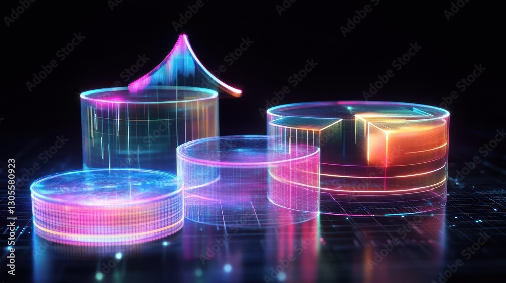 Poster Abstract visualization with glowing cylinders and data in a dark setting