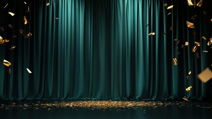 Golden Confetti Falling In Front Of Teal Colored Drapes