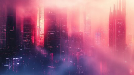 Wallpaper of a hazy cyberpunk cityscape with towering buildings and neon light reflections