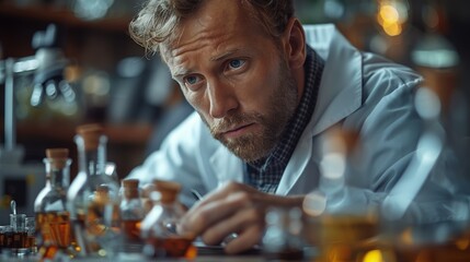 A focused middle aged man with a beard wearing a white lab coat examining samples in a laboratory filled with glass bottles and scientific tools under warm ambient lighting
