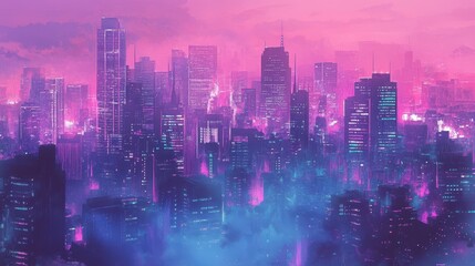 Obraz premium Backdrop showcasing futuristic city with soft halftone textures and neon reflections