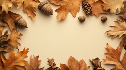 Fototapeta premium Creative layout made of brown leaves and acorns on pastel background. Autumn, fall, thanksgiving day concept.