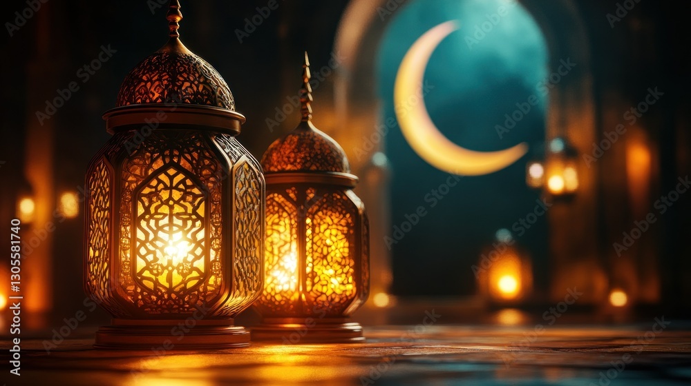Poster Glowing Lanterns Illuminate a Dark Night with Crescent Moon in View