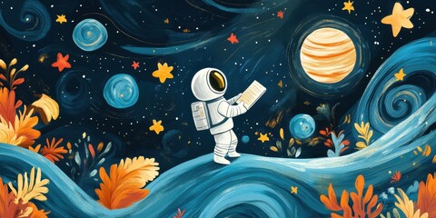 An astronaut reading a book while exploring a cosmic landscape
