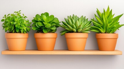 A shelf with a variety of indoor plants in small pots placed against a soft background. Generative AI