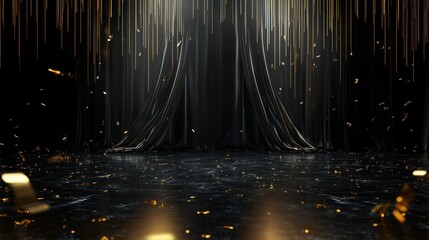 Black curtains and gold confetti create elegant stage ambience