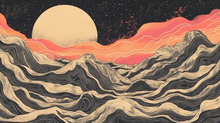 Backdrop of a hypnotic psychedelic landscape with flowing lines and pastel vintage hues