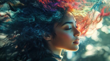 Young woman with multi-colored curly hair shaking her hair, wind in her hair.
