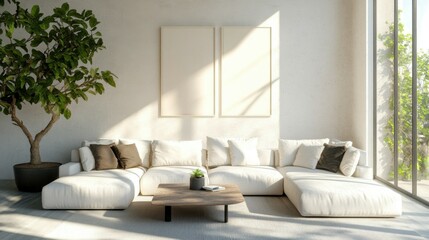 Fototapeta premium Modern, white minimalist interior. Modern interior design for posters in the living room layout with a white sofa with space to copy. High quality photo