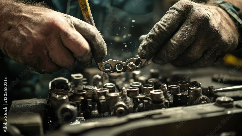 Poster mechanic working on vehicle engine with a yellow hammer and gloves