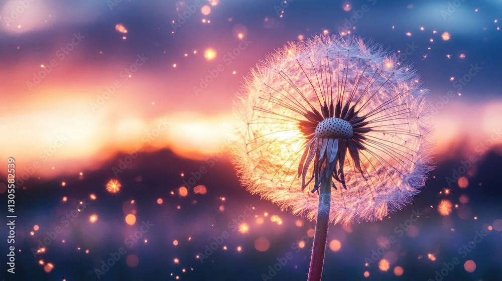 Poster a close up of a dandelion with glowing sparkles in the sky
