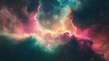 Obraz premium Backdrop of a nebula with glowing pinks and deep greens enhanced by comic halftone patterns